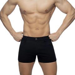 Black men’s 5 pockets summer shorts with a classic tailored fit and single button closure for warm weather wear