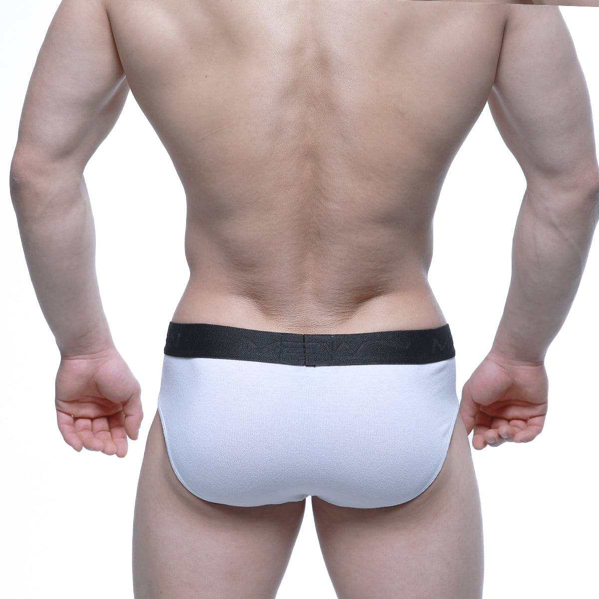 White briefs metroMalewear daily brief 5003-01 with black elastic waistband and nerdy brand lettering