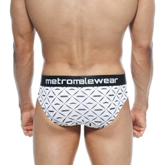 White briefs with black mustache pattern and norris text featuring black waistband with metromalewear logo metro malewear brief caballero 5006-03