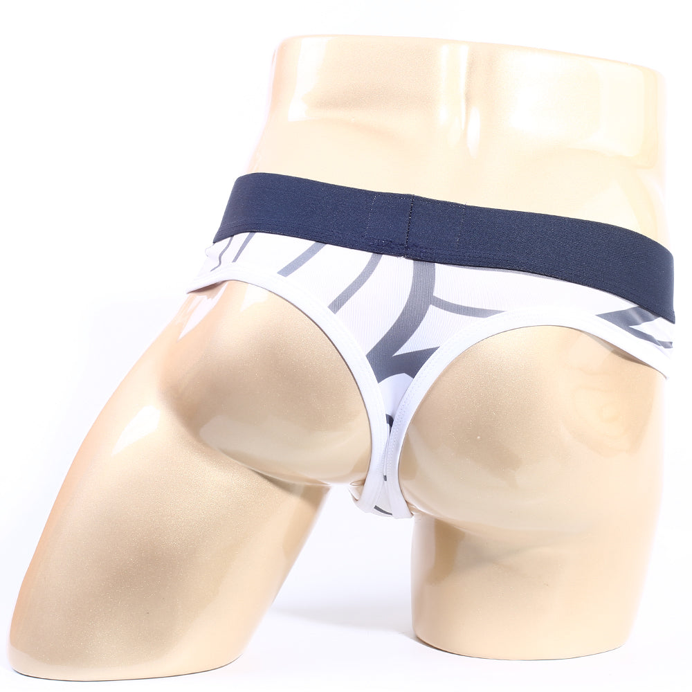 White and navy blue patterned men’s briefs with a sleek modern design from MetroMaleWear web thong 5012-40 collection