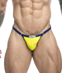 Bright yellow and navy blue thong bikini with sleek form-fitting design from justin + simon one final sale collection