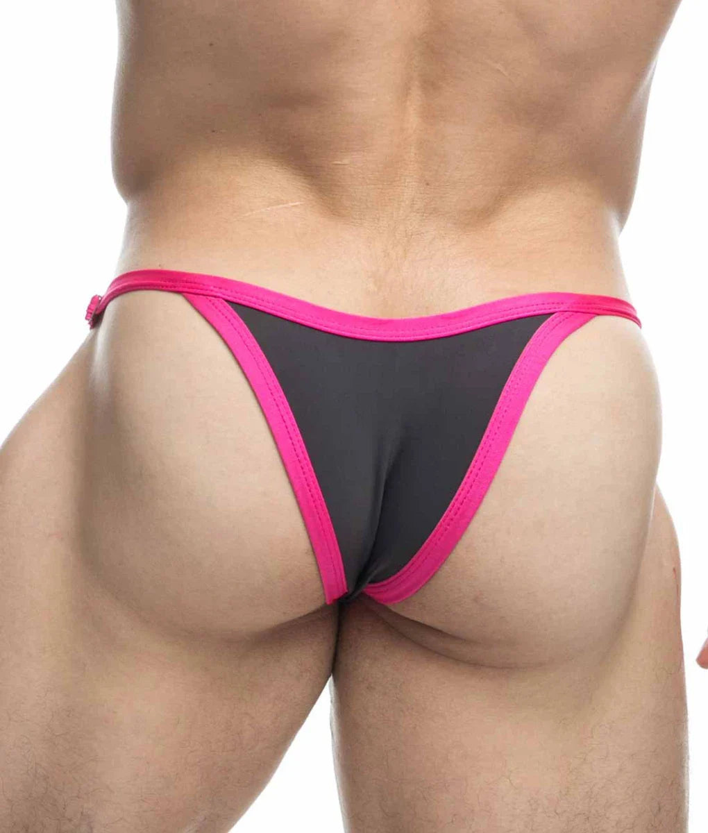 Justin plus simon bikini one black and pink thong with snug fit and vibrant fuchsia trim along the edges