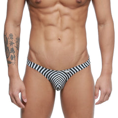 Black and white striped men’s swim trunks by MetroMaleWear with a snug contoured design for enhanced fit