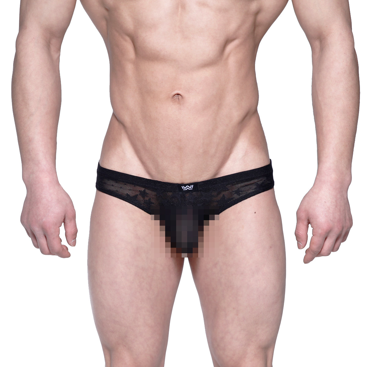 MetroMaleWear Capri bikini star black lace thong with subtle mesh texture and white logo on waistband back side view