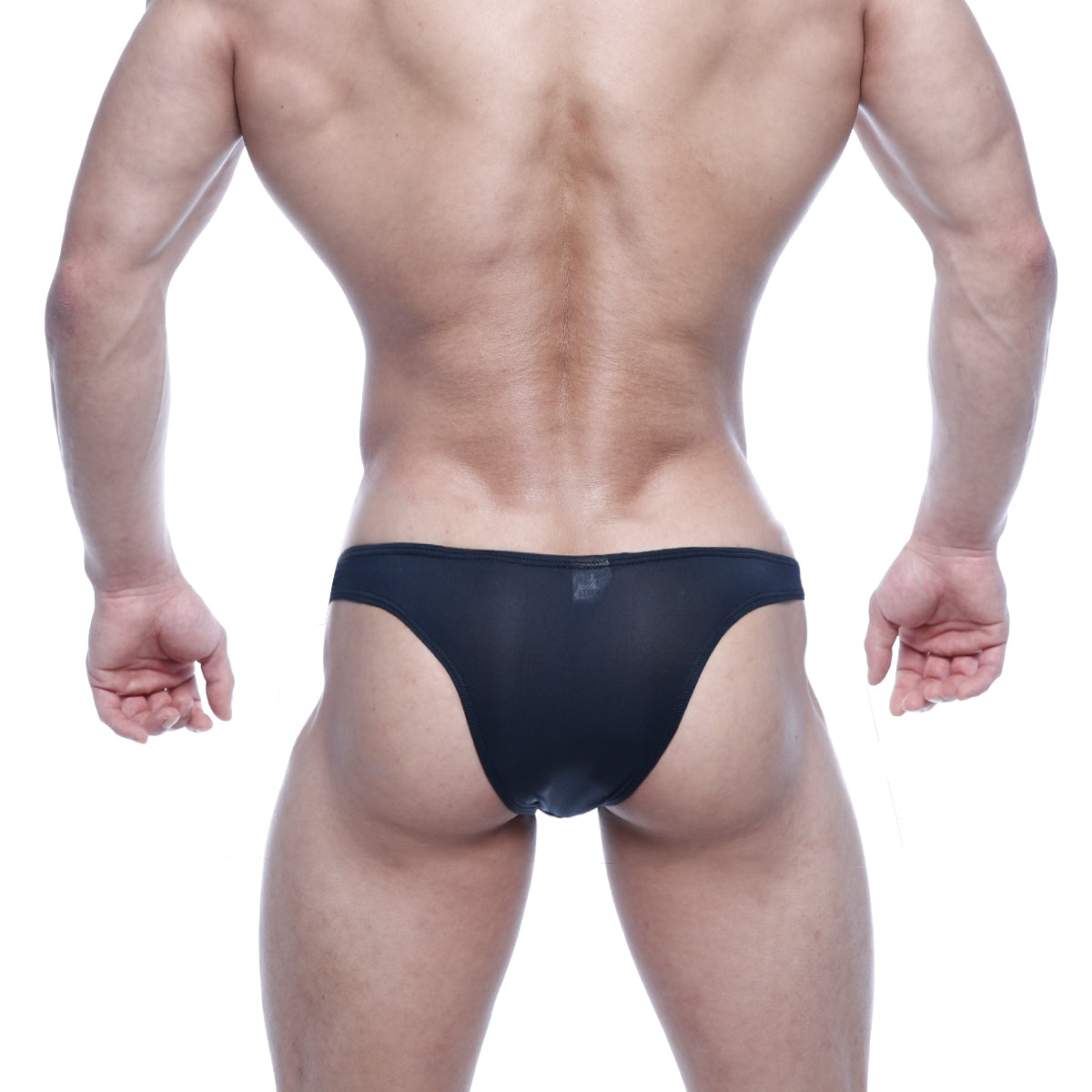 MetroMalewear bulge capri bikini briefs in black sheer mesh showing the front side