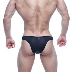 MetroMalewear bulge capri bikini briefs in black sheer mesh showing the front side