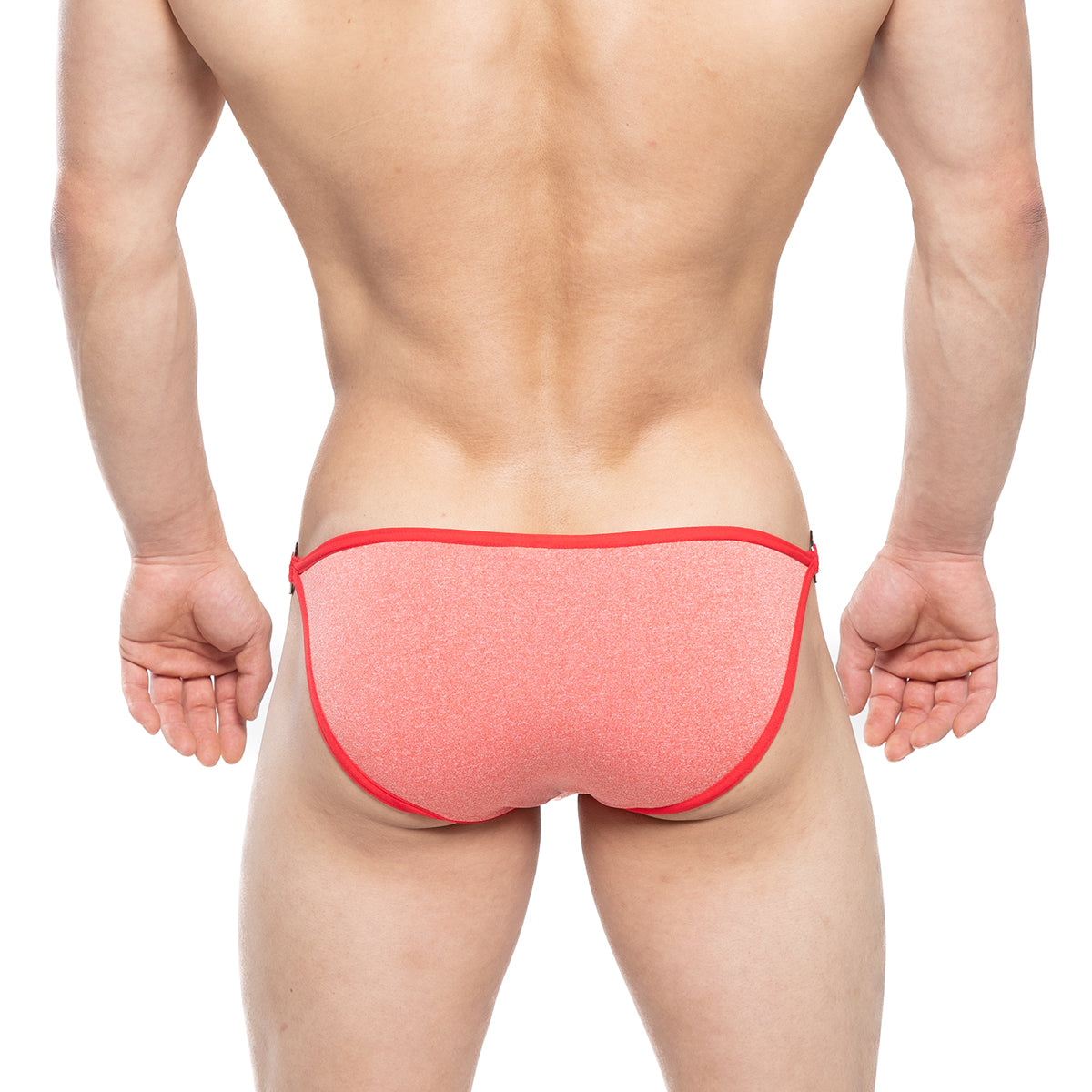 A coral-colored textured brief with bold red trim from metromalewear mahana bikini orange 6204-14 collection