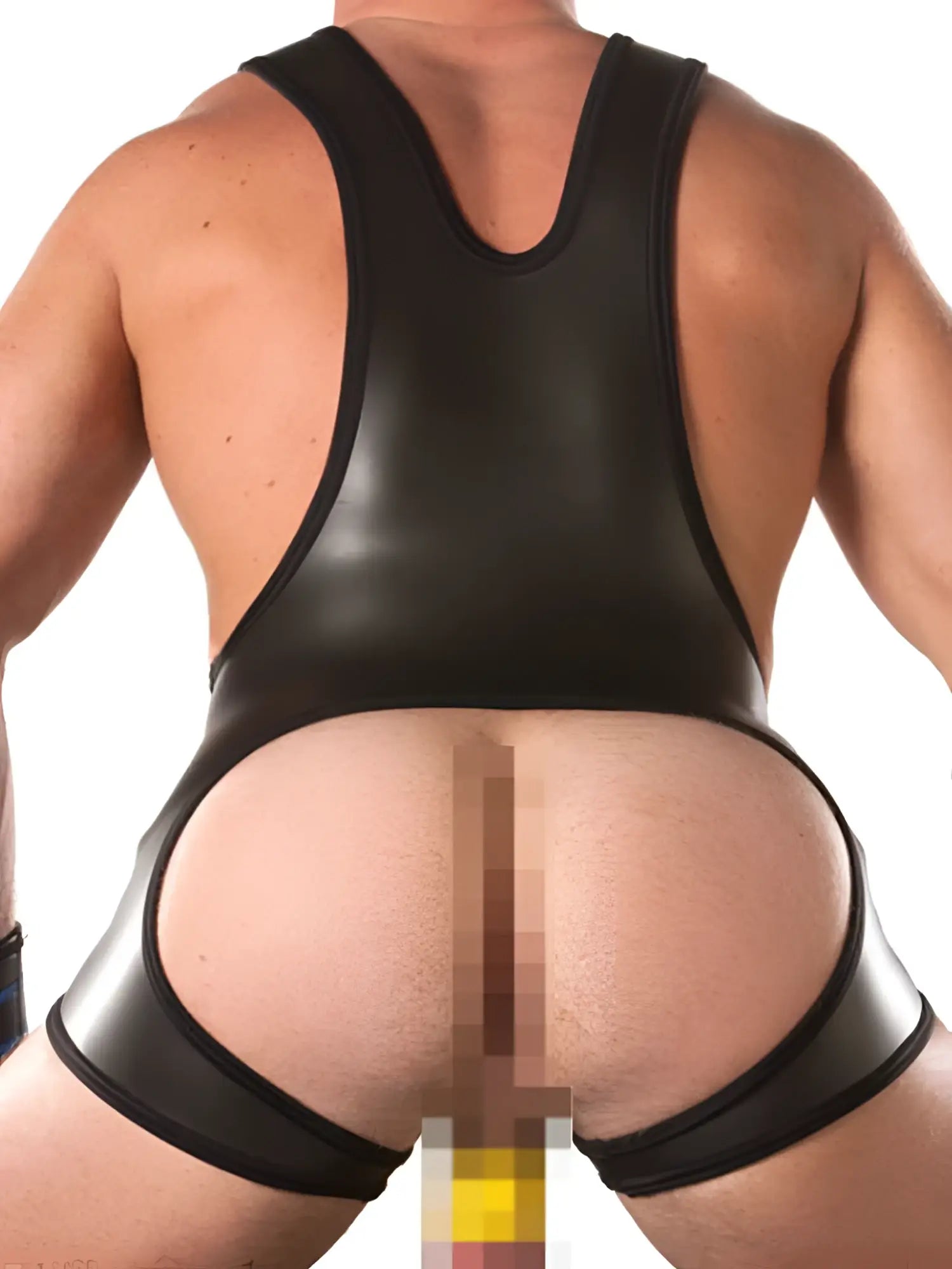 Black latex wrestling singlet bodysuit by 665 inc with glossy finish wide supportive straps size s