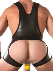 Black latex wrestling singlet bodysuit by 665 inc with glossy finish wide supportive straps size s