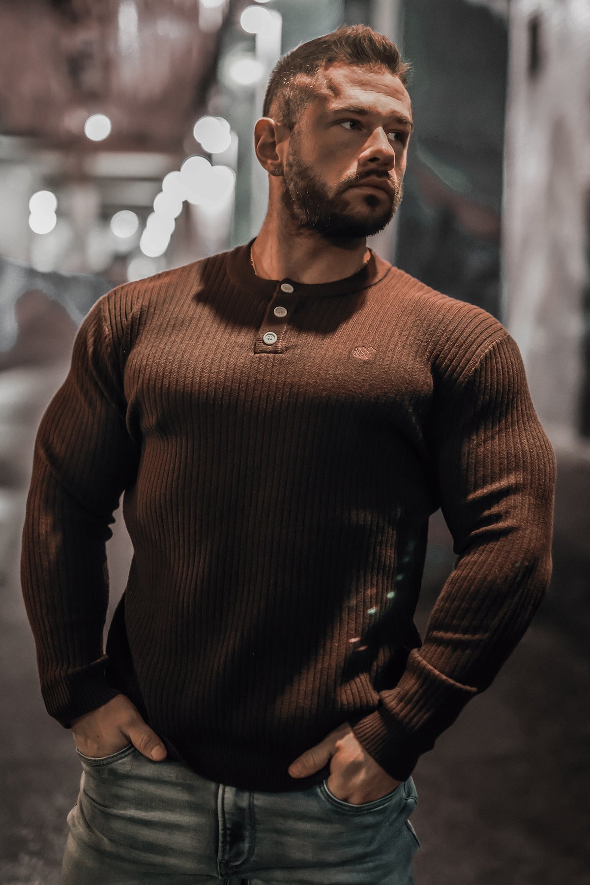 Jed North Men's Classic Henley Sweater  - Brown