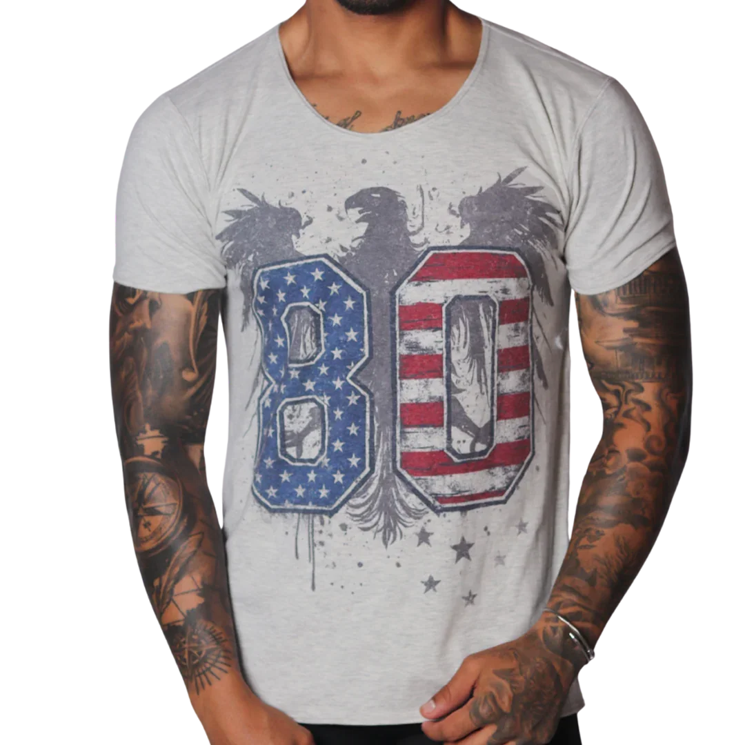 Light grey, scoop-neck t-shirt featuring a distressed eagle graphic with a US flag-themed "80" print.