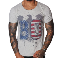 Light grey, scoop-neck t-shirt featuring a distressed eagle graphic with a US flag-themed "80" print.