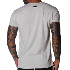 Light gray marled short-sleeve crew neck t-shirt with a small black brand tab on the back of the neck.