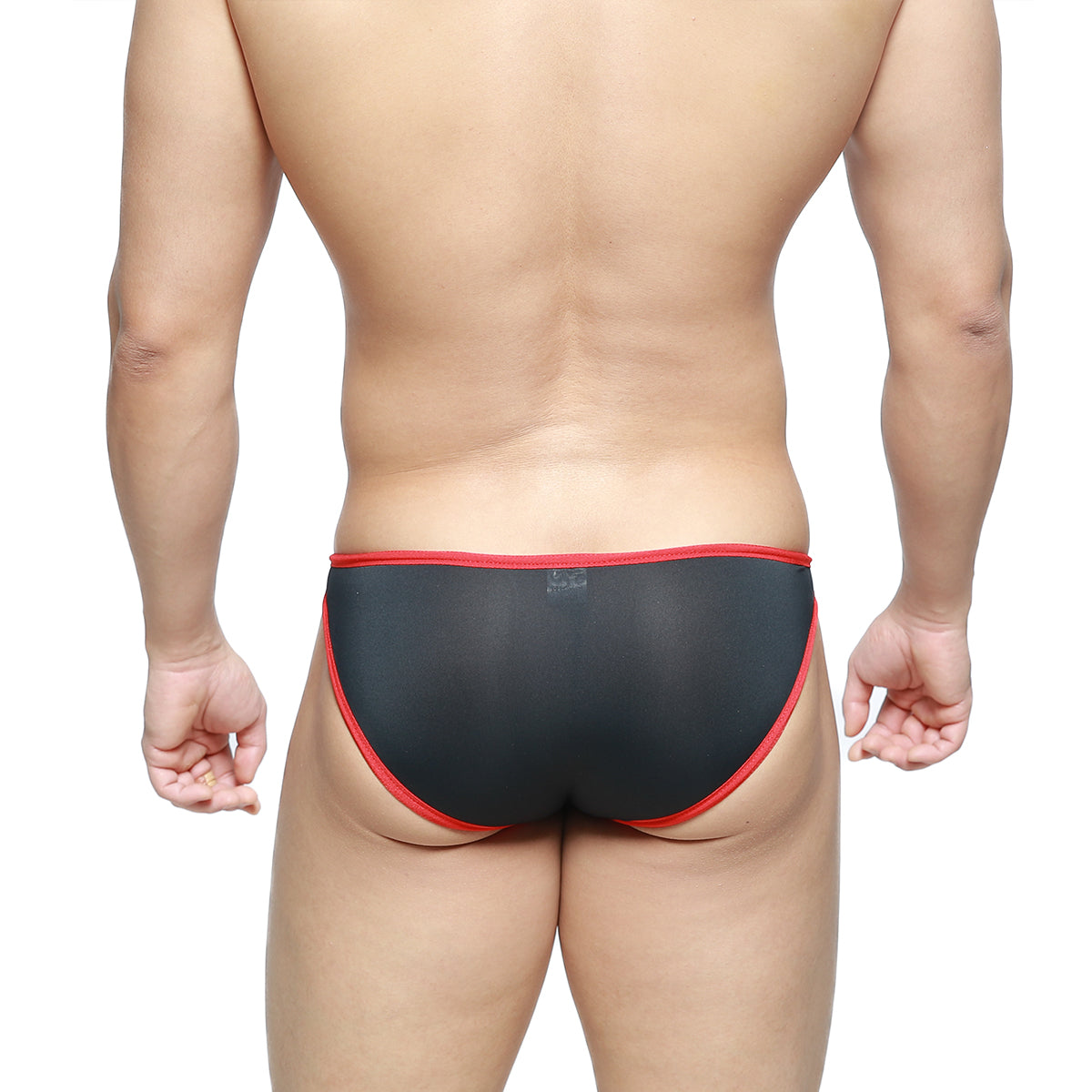 MetroMaleWear Dangerous Brief black 8004-20 black sheer briefs with red trim showing the front side view