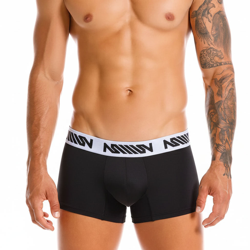 Metro male wear core short boxer black 7 inch featuring black fabric with white waistband and bold black geometric logo pattern
