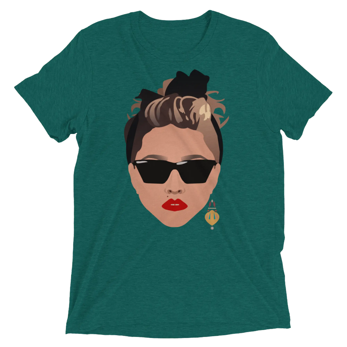 Teal heathered cotton t-shirt featuring a stylized woman with black sunglasses red lips and a black bow 80s glamour design