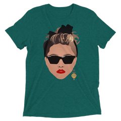 Teal heathered cotton t-shirt featuring a stylized woman with black sunglasses red lips and a black bow 80s glamour design