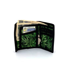 Black tri-fold 80s veclro wallet with green cannabis leaf pattern lining designed for everyday use