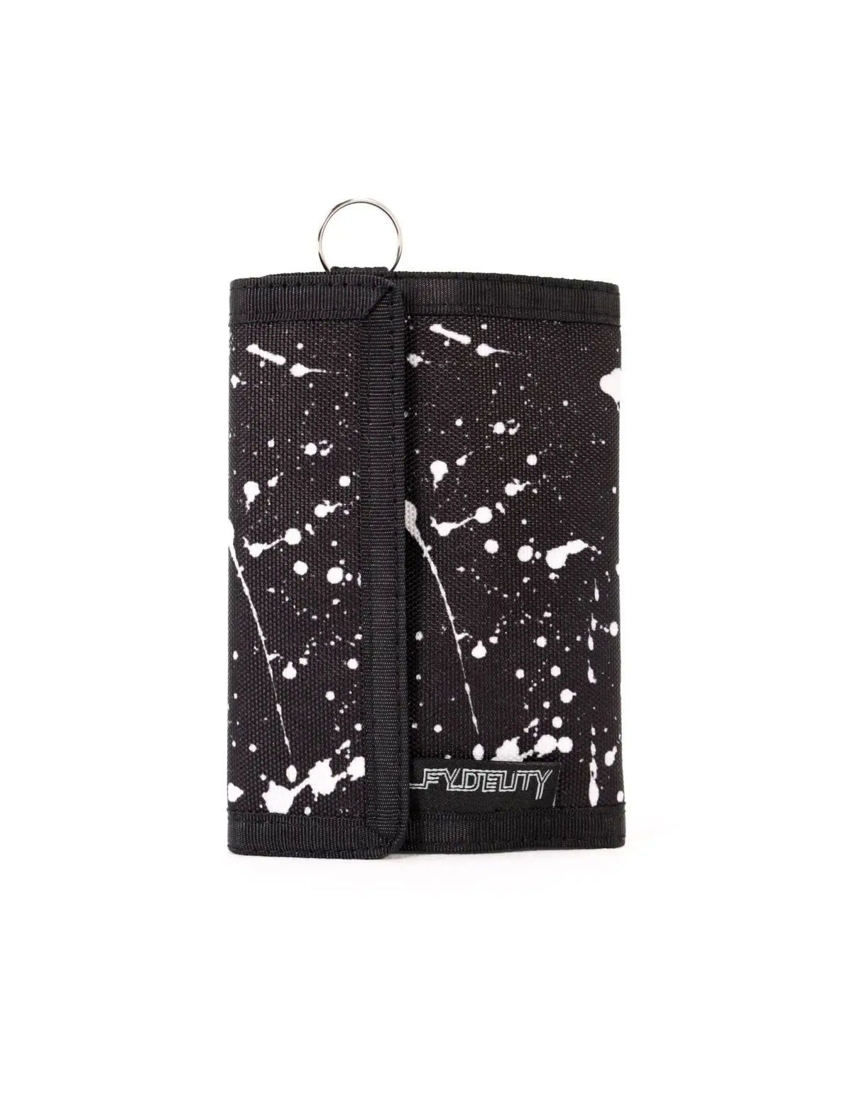 Black 80s velcro tri-fold wallet with white paint splatter pattern and silver metal ring at the top