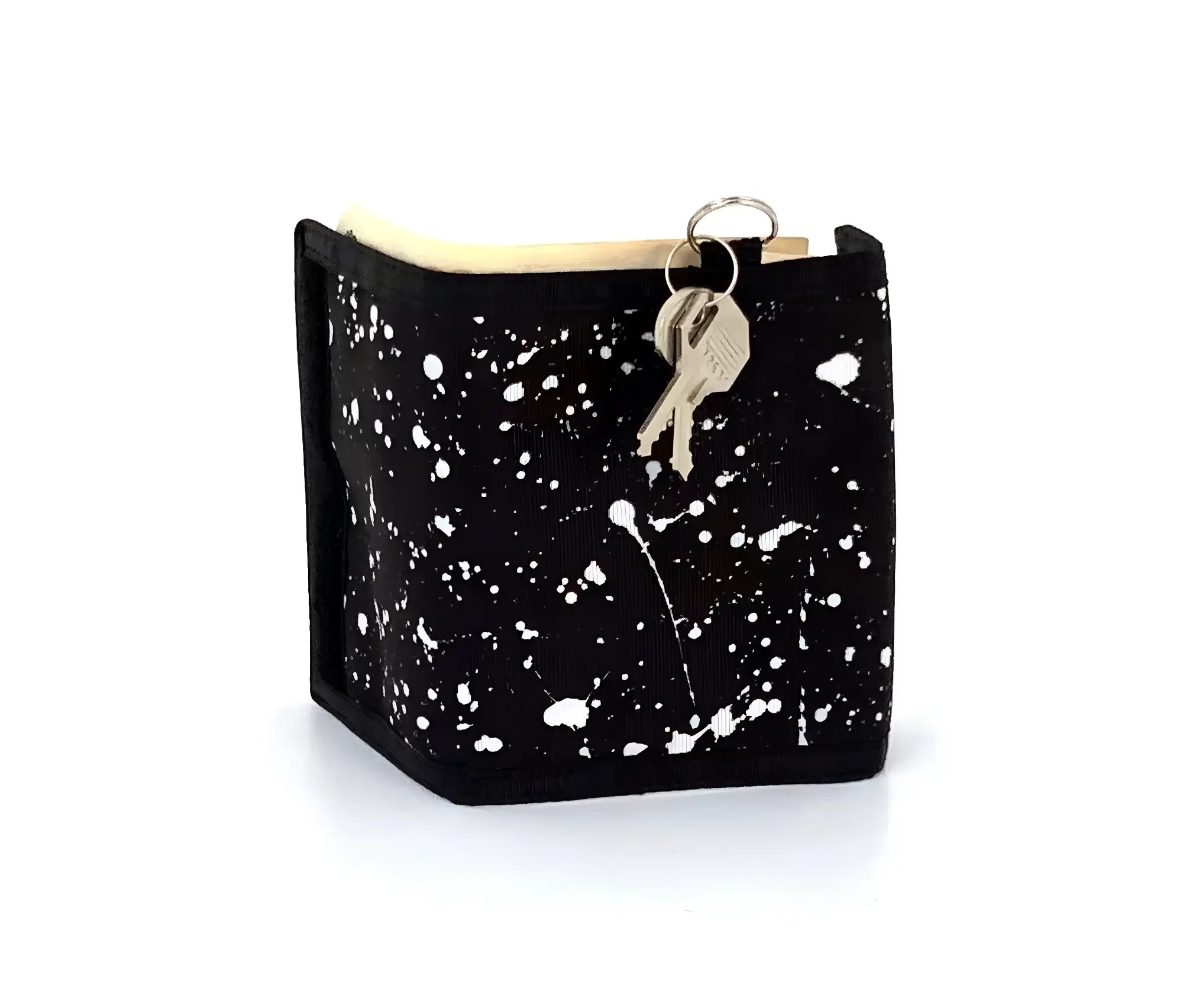 Black 80s velcro wallet with white paint splatter design and attached key ring with keys at the top