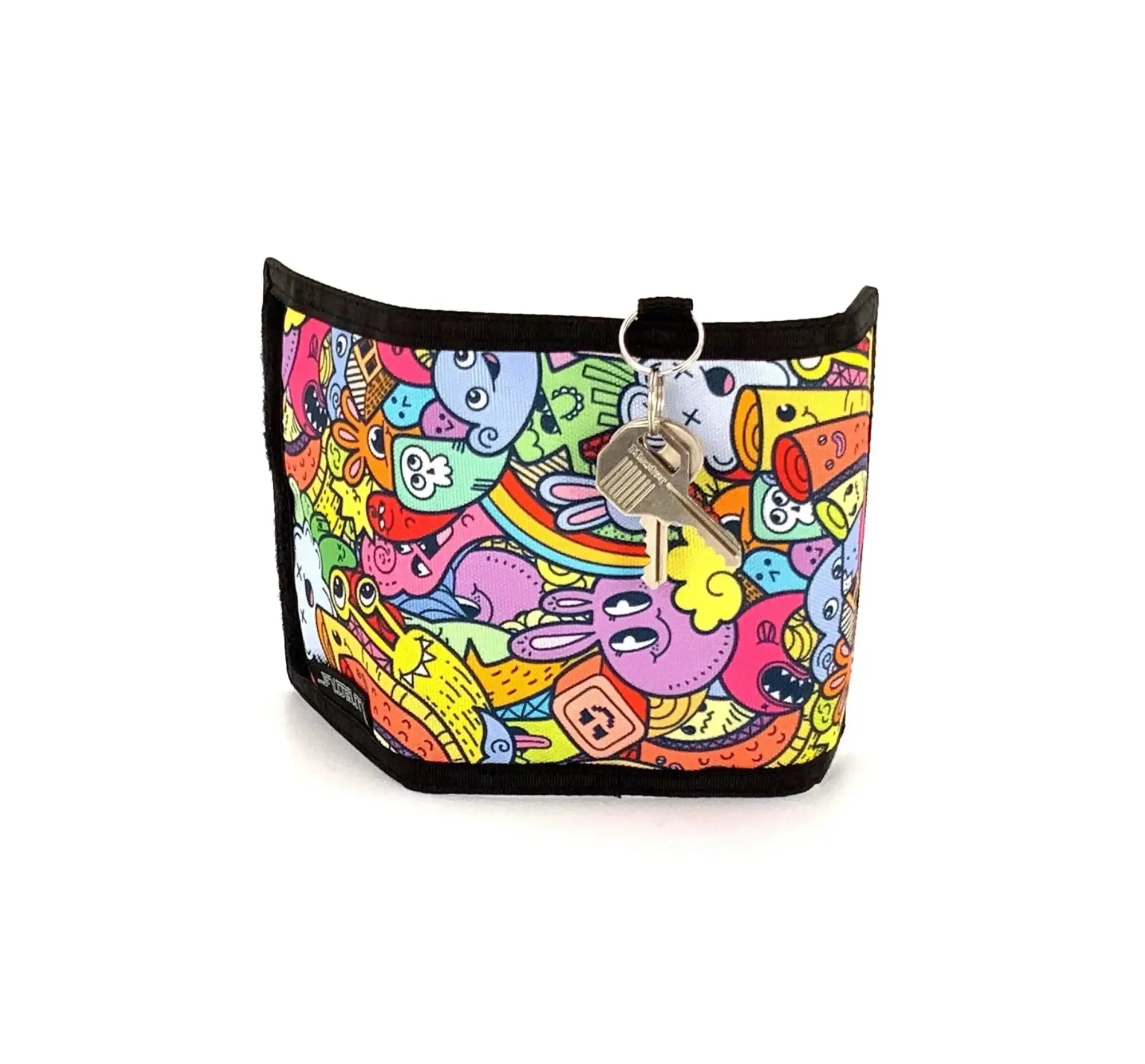 A colorful 80s velcro wallet neoprene key holder with cartoon pattern black trim and silver metal ring