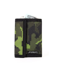 A compact 80s velcro tri-fold wallet with pixelated green and black camouflage and black fabric trim