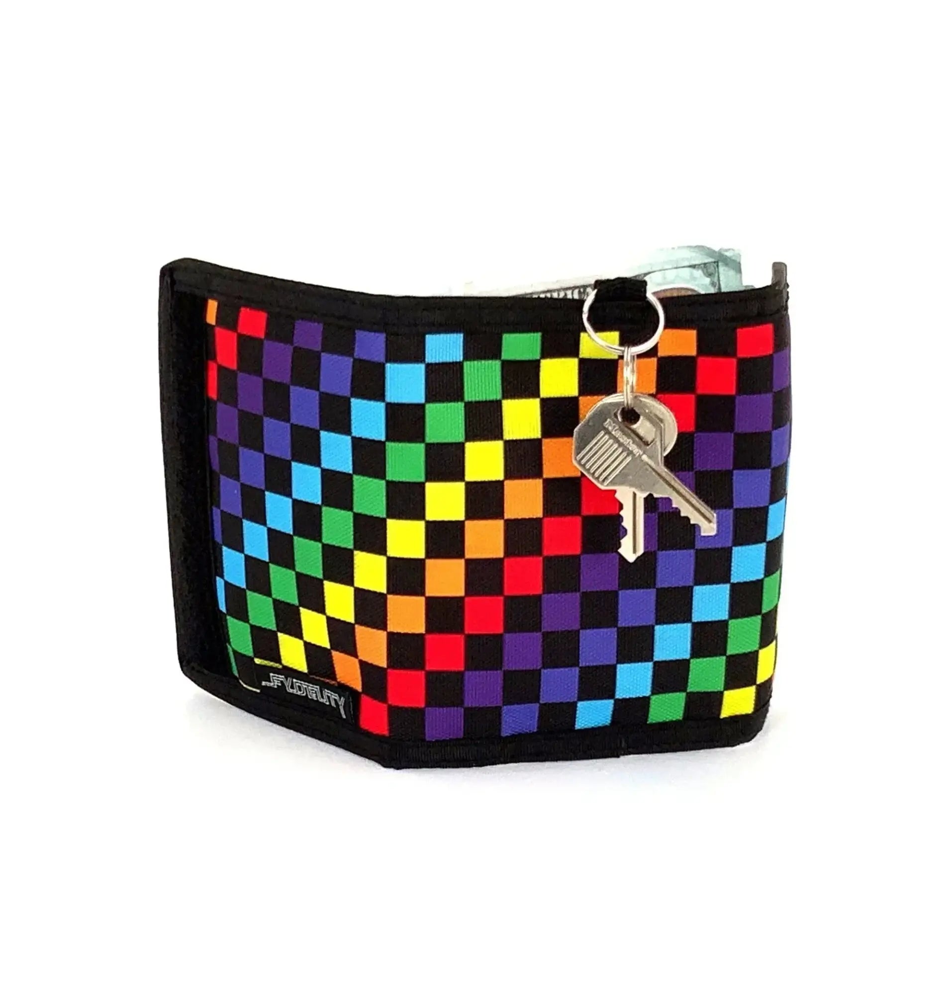 Rainbow checkered 80s velcro wallet with black trim and attached keychain for easy access and secure closure