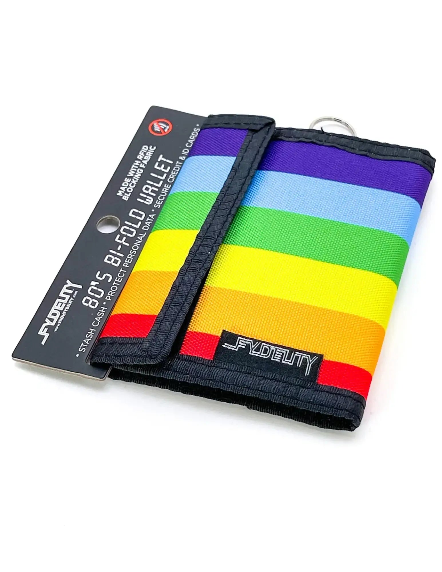 Rainbow-striped bi-fold wallet with black trim and key ring branded fydelity in 80s velcro wallet style