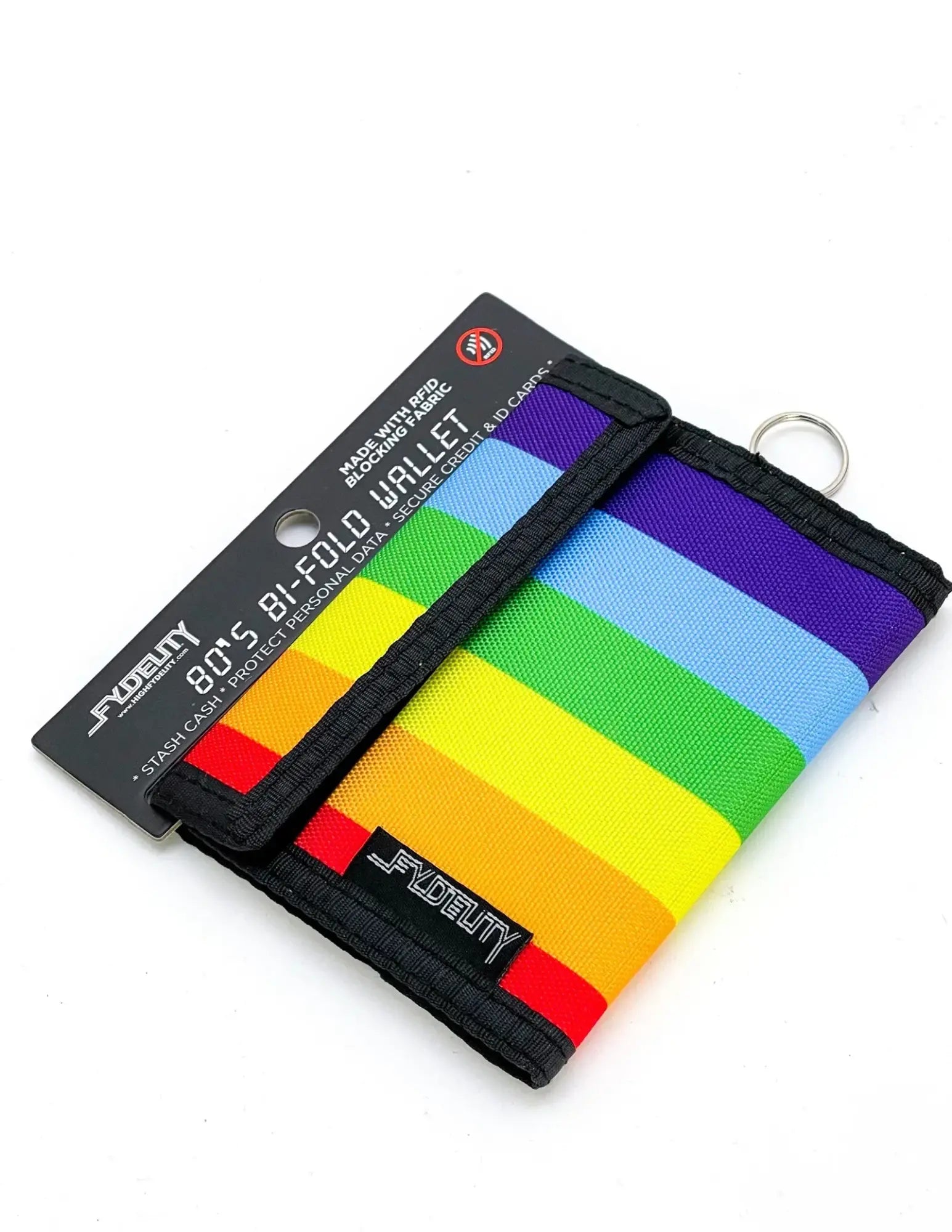 Rainbow-striped 80s veclro bi-fold wallet with black trim key ring by fydeuty made of durable fabric