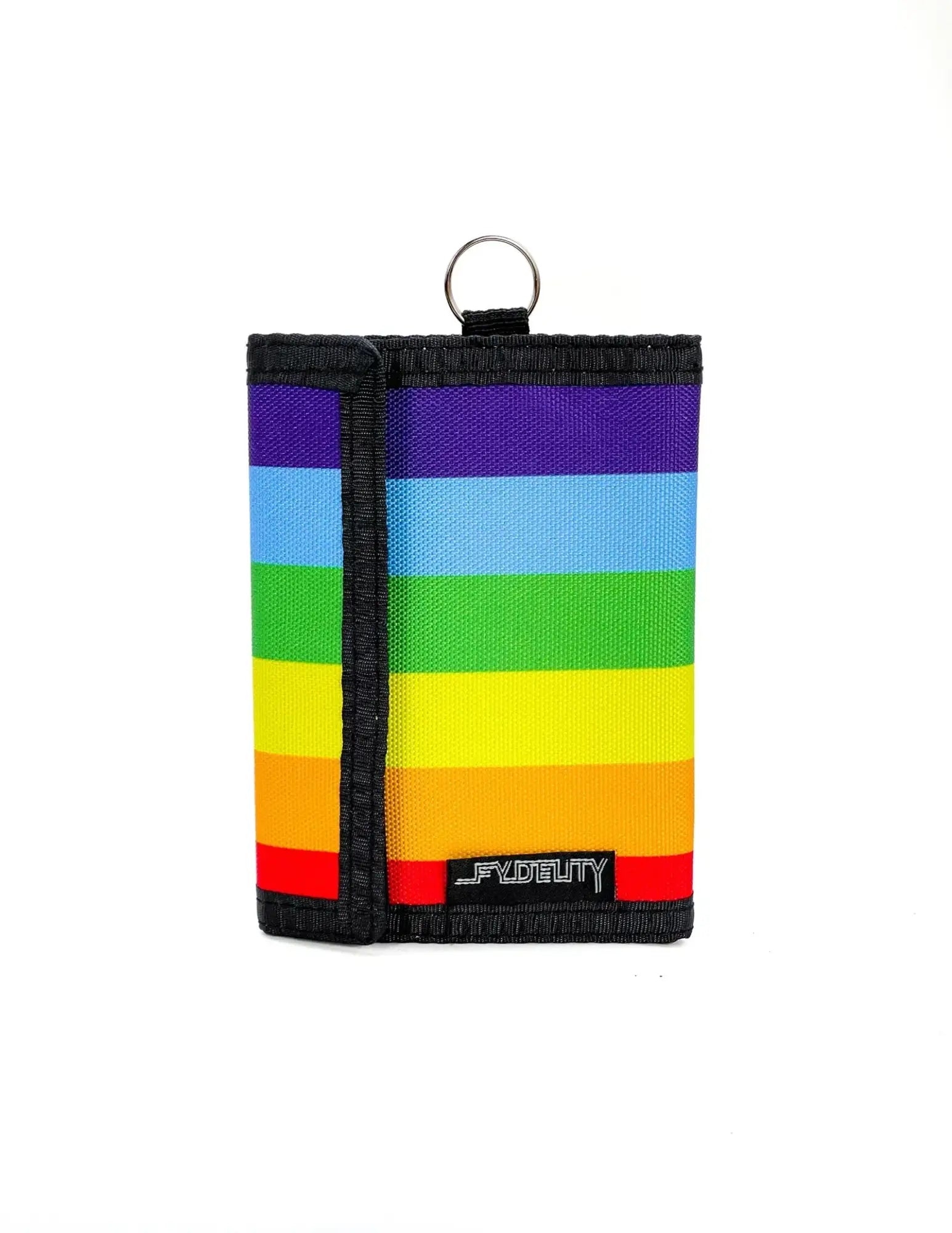 Rainbow-striped 80s velcro tri-fold wallet with black trim and metal ring for secure everyday use