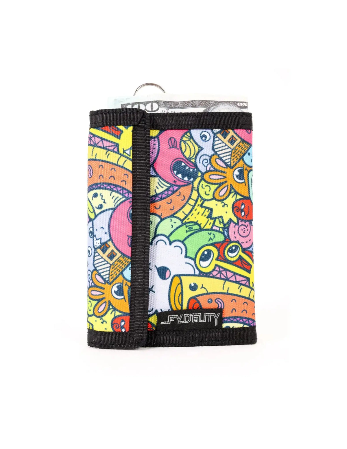 A vibrant cartoon patterned 80s velcro tri-fold wallet with black trim and a silver metal ring at the top
