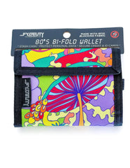 Vibrant 80s bi-fold velcro wallet with psychedelic mushroom floral rainbow pattern and black fabric trim