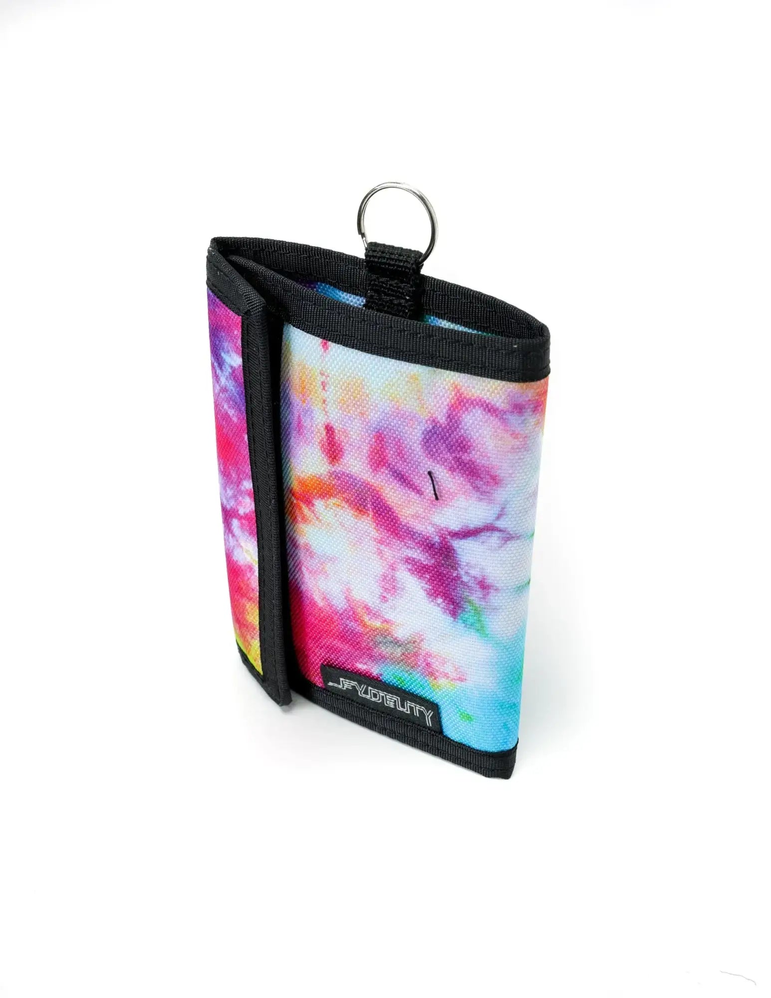 A vibrant tie-dye 80s velcro tri-fold wallet with black trim and a metal ring attachment