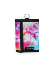 Vibrant tie-dye 80s velcro tri-fold wallet with black trim and metal ring for secure closure and style