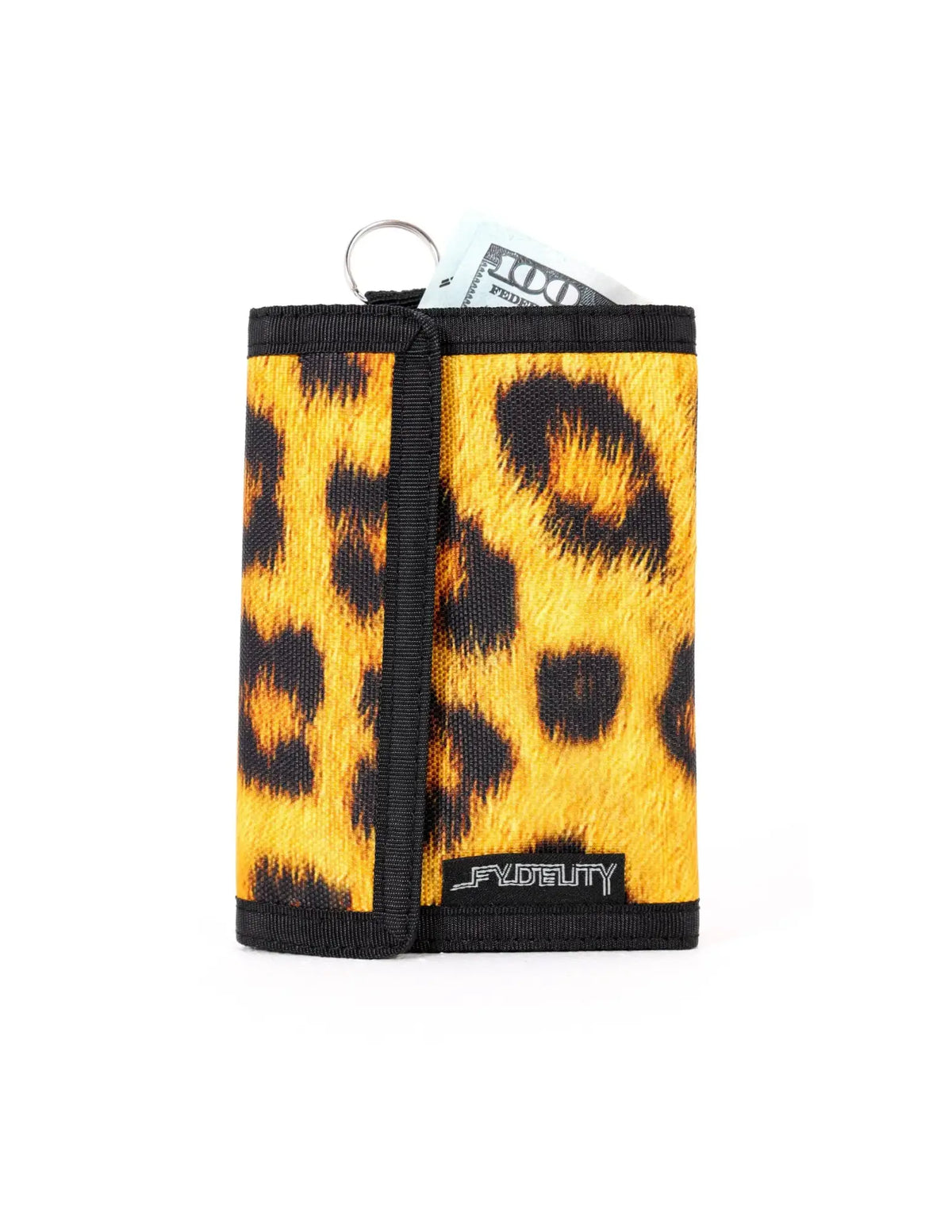 Yellow and black leopard-print 80s velcro tri-fold wallet with key ring attachment made of durable material