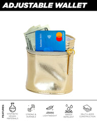 An 80’s wrist wallet in shiny gold made of durable synthetic vegan materials with an adjustable zipper closure
