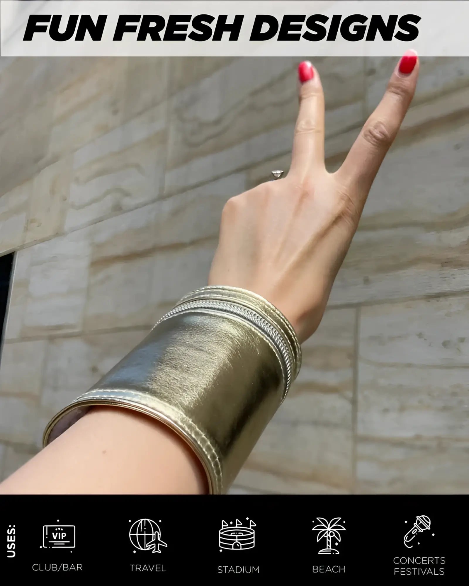 A wide metallic gold cuff bracelet with textured surface and stitched edges 80s wrist wallet style