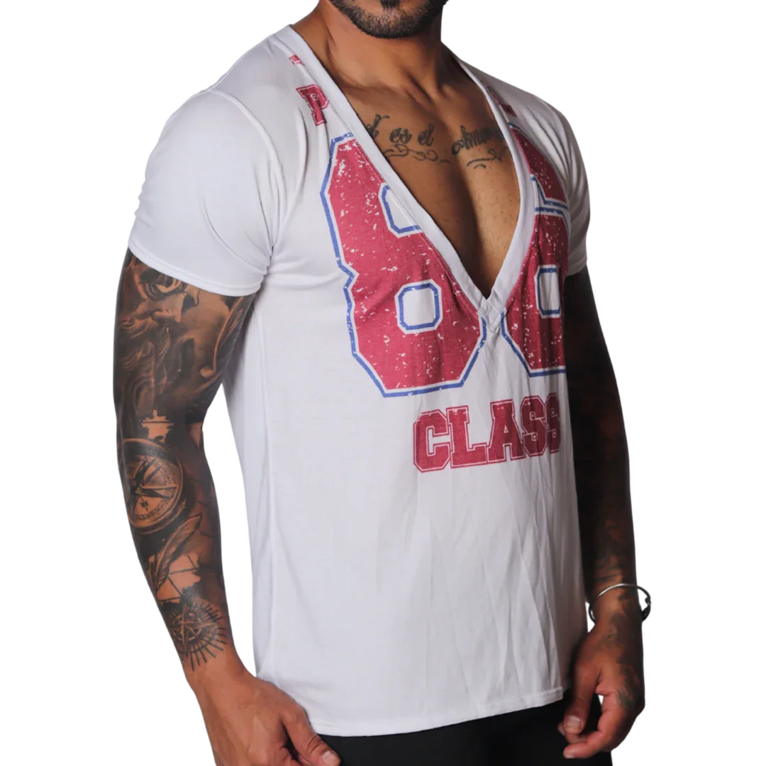 White deep V-neck T-shirt with a distressed red and blue "86 CLASS" graphic print.