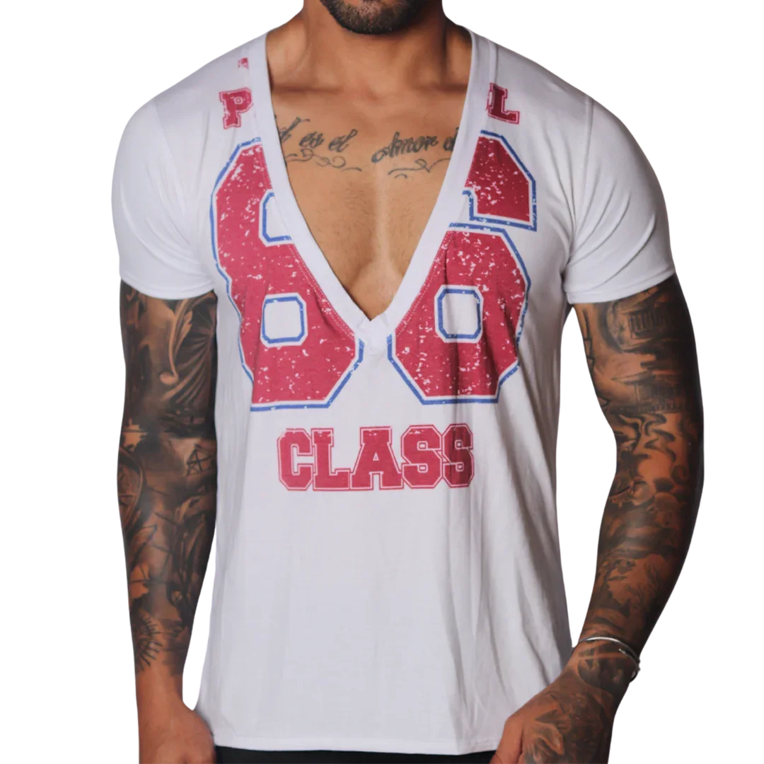 White deep V-neck T-shirt with a distressed red and blue "86 CLASS" graphic print on the front.