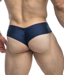 Navy blue satin briefs from justin + simon cheek showing smooth fabric and comfortable fit