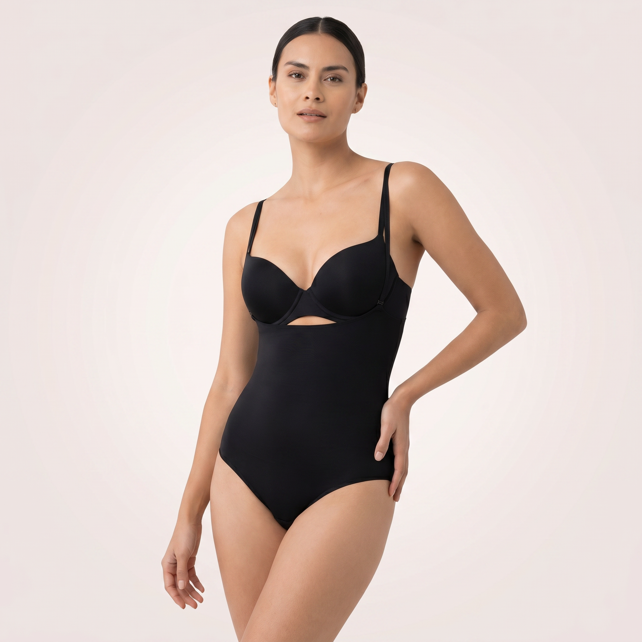 Vedette 5108 black strapless body shaper bodysuit — woman in clean soft studio, elegant fit and silhouette