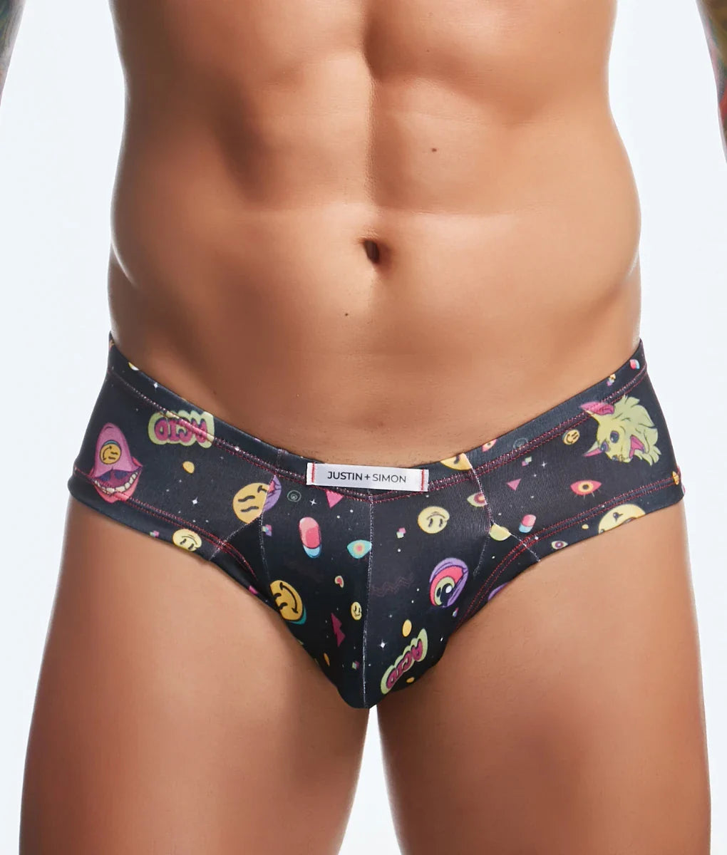 Black men’s briefs by Justin plus Simon with vibrant cartoonish space-themed pattern and colorful cosmic emojis