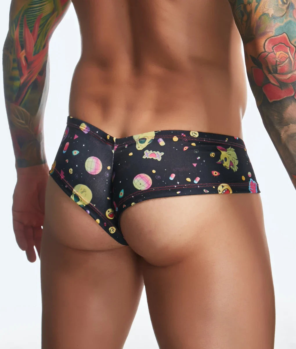 Black men’s underwear by Justin + Simon cheek fun prints with vibrant space-themed colorful planets and cartoon stars pattern