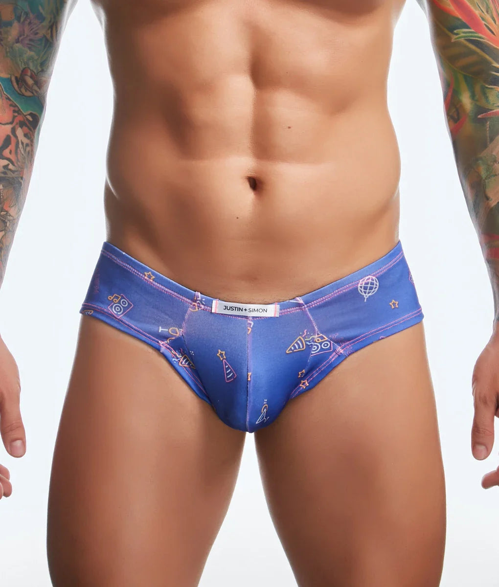 Blue justin and simon men’s briefs with a playful scientific icon and star pattern in pink white and yellow