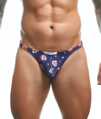 Dark blue thong with colorful sugar skull and floral patterns and white Justin plus Simon brand label at waistband