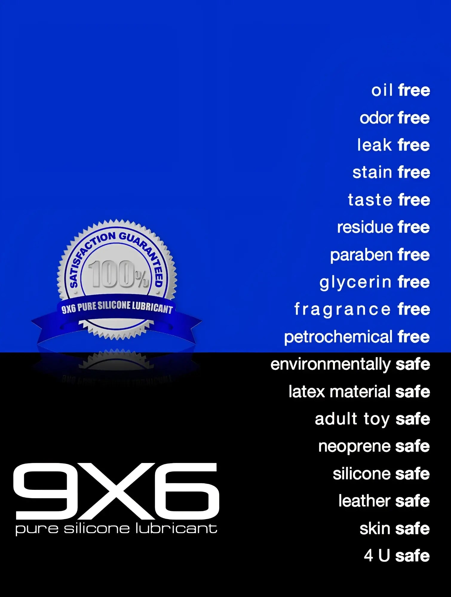 9x6 lube pure silicone lubricant in a sleek blue and black bottle with bold white branding for smooth performance