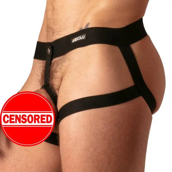 Black elastic frame ring harness with adjustable straps worn on male model torso showing side view by Absolu Male By TOF Paris