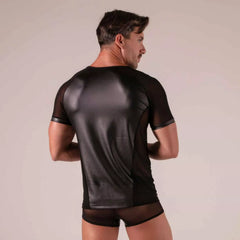 Back view of rebel t-shirt black short-sleeved with a glossy faux leather panel and sheer mesh sides and sleeves