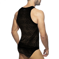 Black lace tank top with intricate floral patterns made from delicate lace fabric for stylish summer wear