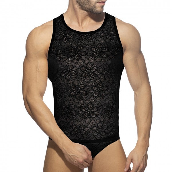 Black lace tank top with intricate floral patterns featuring delicate lace material for elegant summer wear